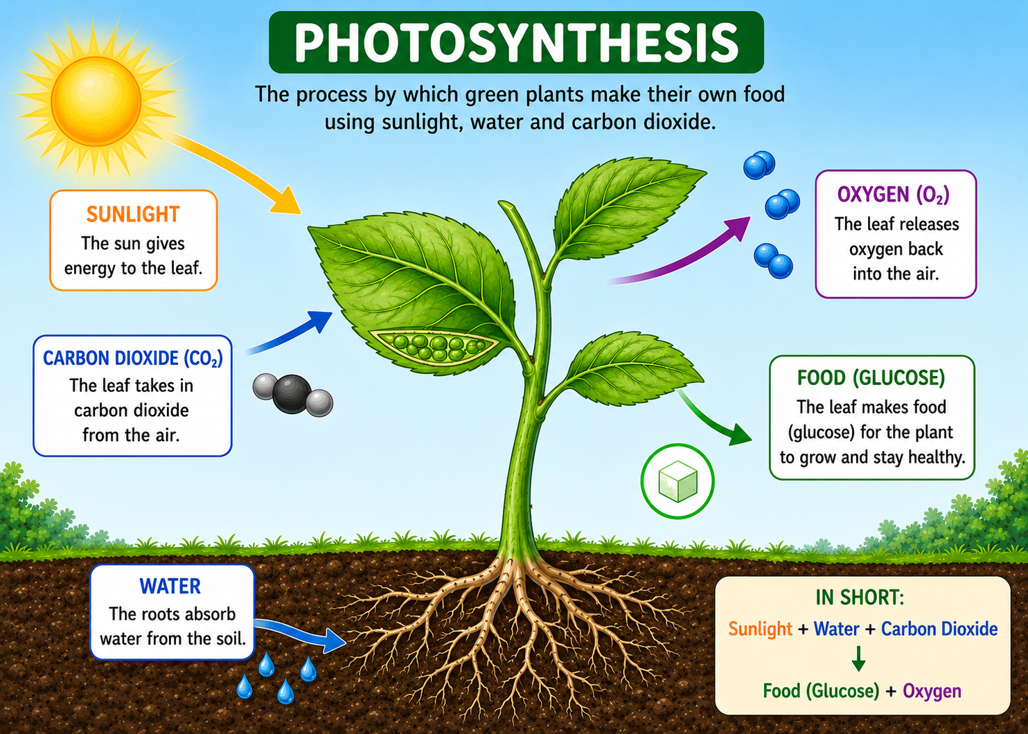 Photosynthesis diagram — sunlight, water, CO2 inputs and food, oxygen outputs