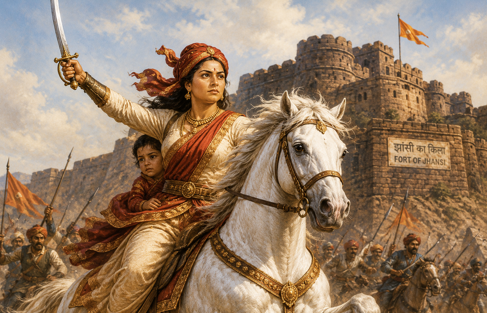 Rani Laxmibai on horseback with sword