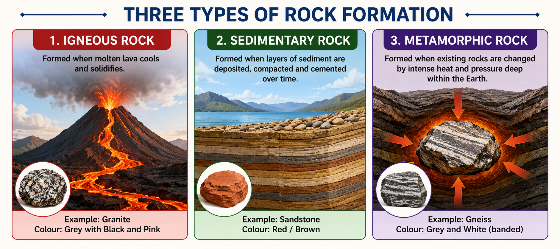 Three rock types formation — igneous, sedimentary, metamorphic