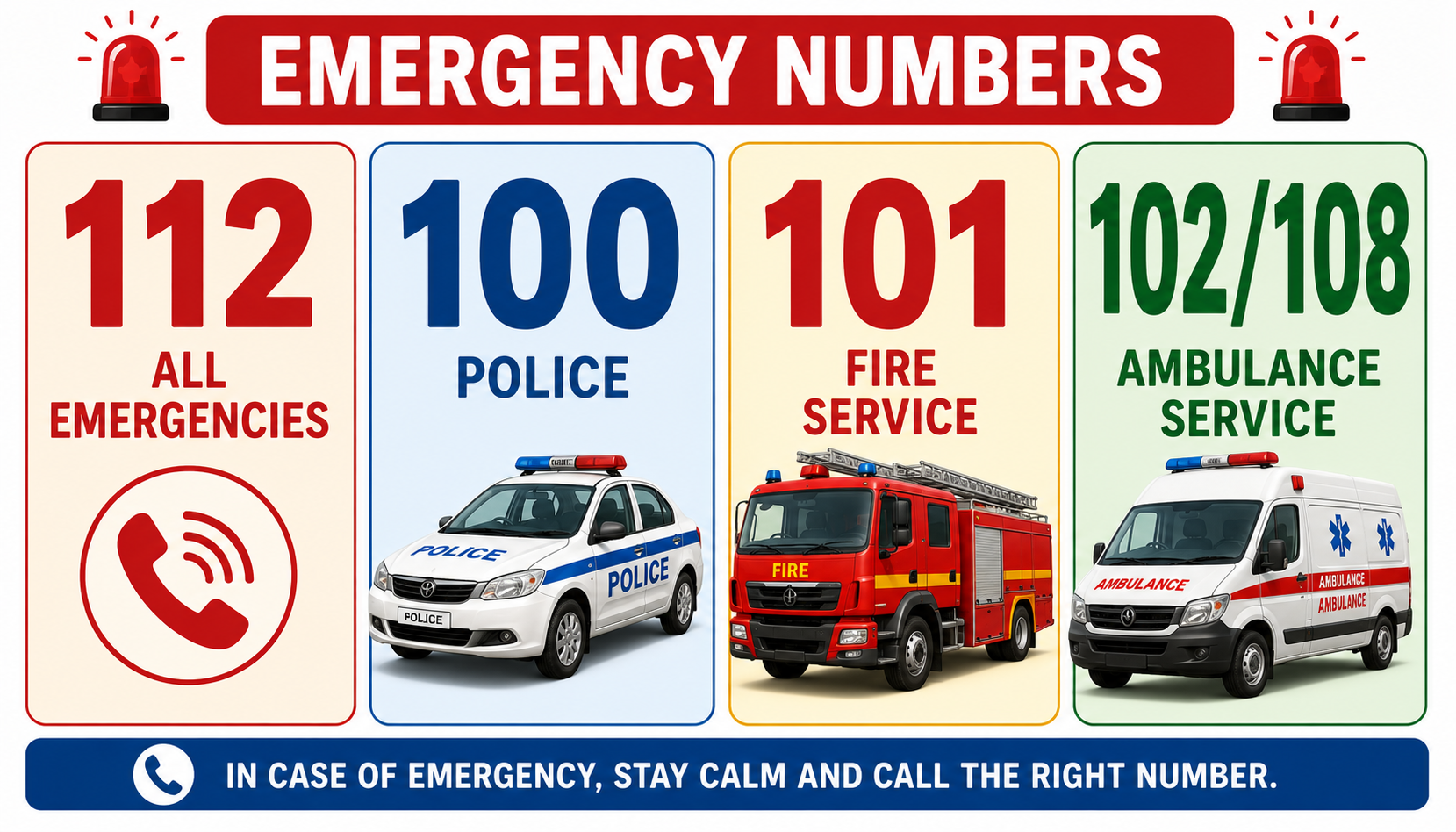 Emergency numbers chart — 112, 100, 101, 102, 108