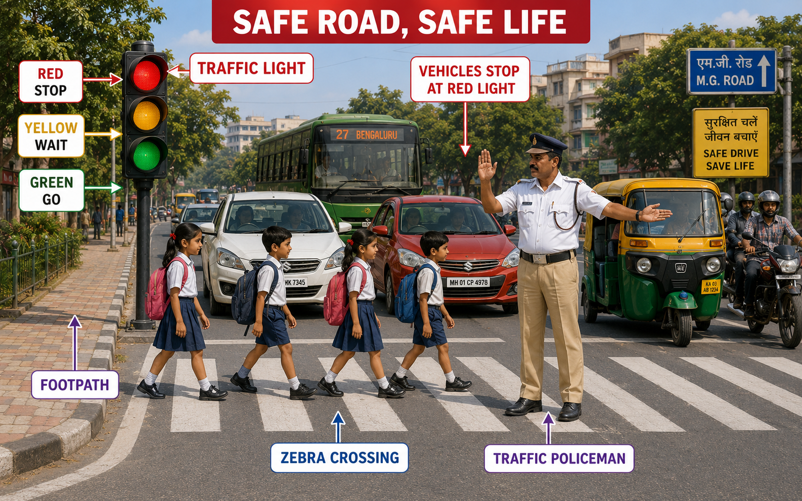 Road safety — traffic light, zebra crossing, children crossing safely