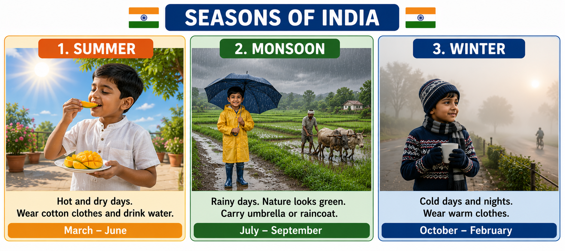 India three seasons — summer, monsoon, winter with activities