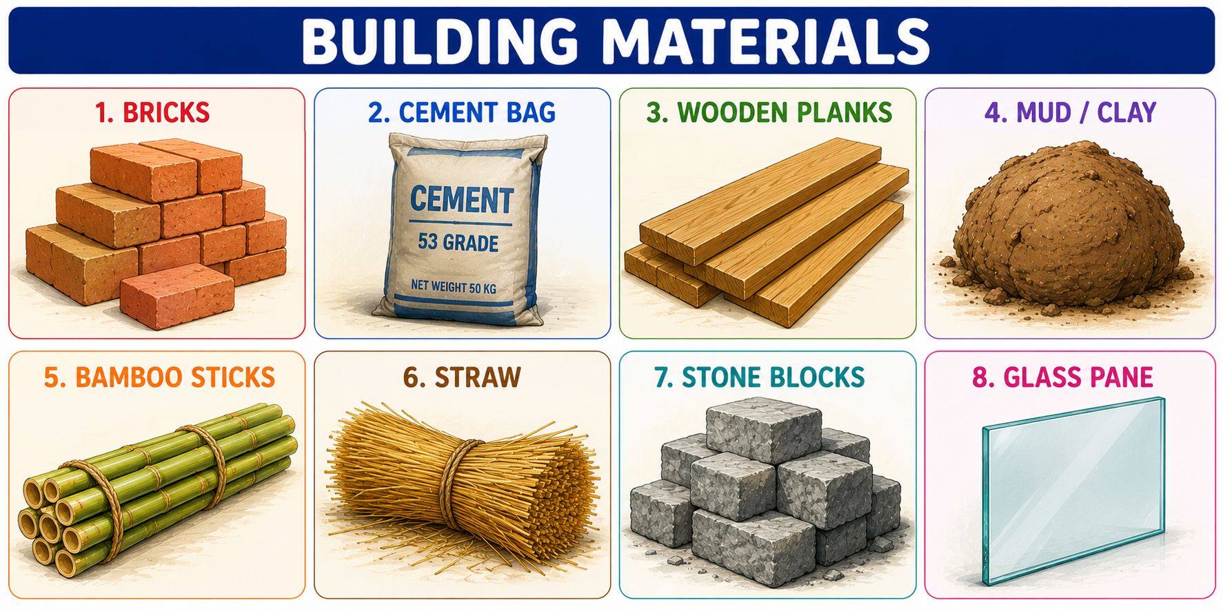 Building materials — bricks, cement, wood, mud, bamboo, stone, glass