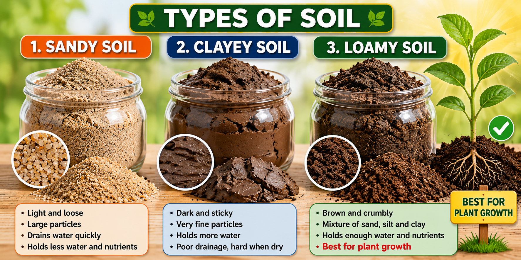Three soil types — sandy, clayey, loamy