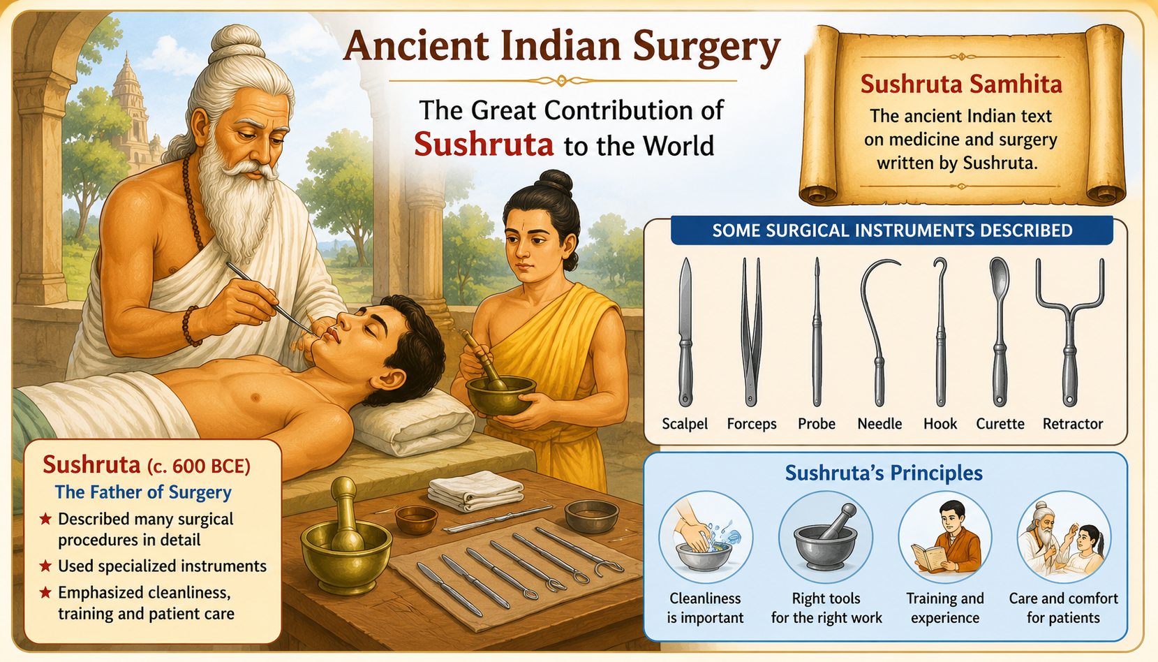 Sushruta with surgical tools and Sushruta Samhita scroll