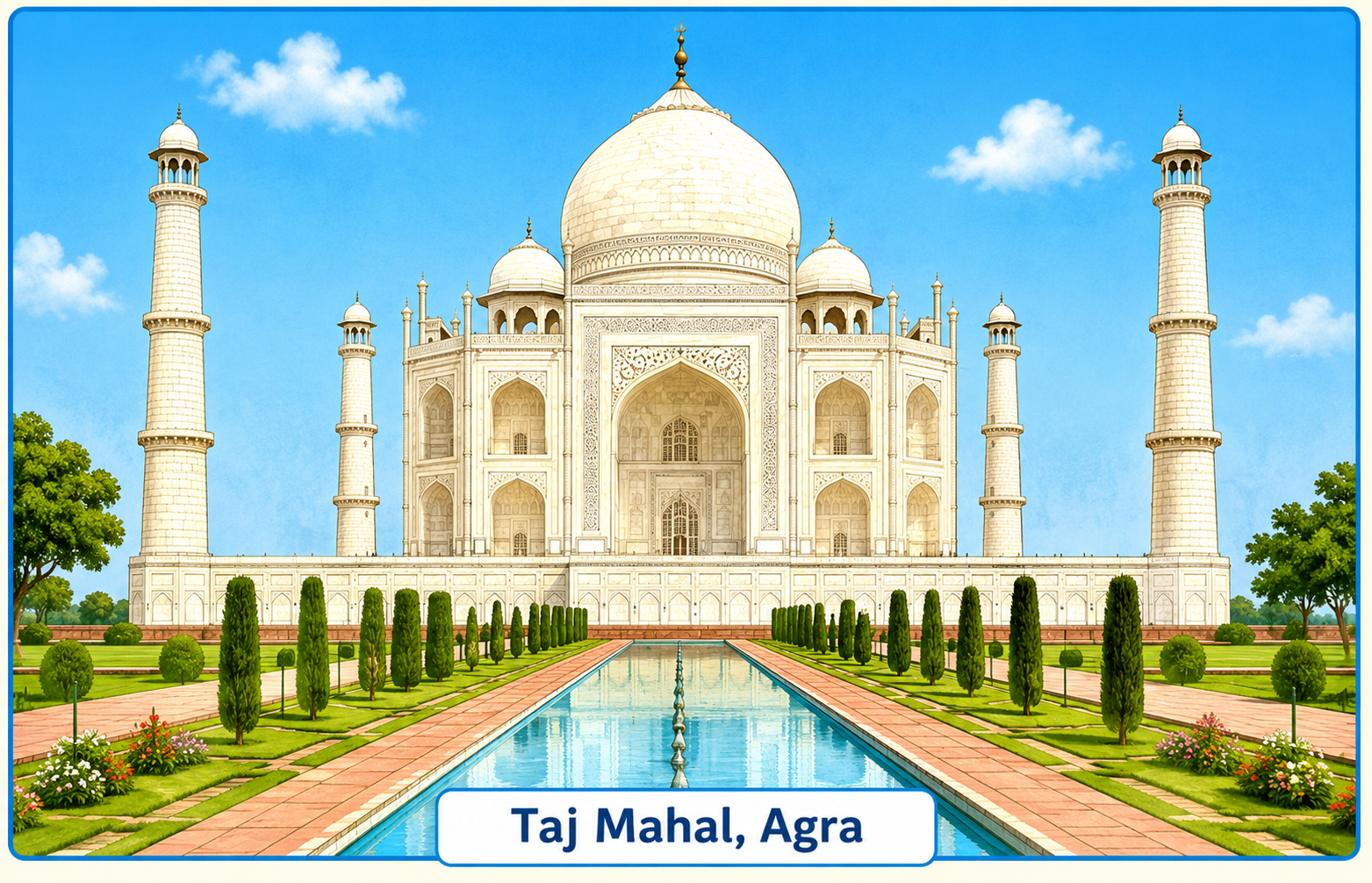 Taj Mahal with dome, minarets, reflecting pool