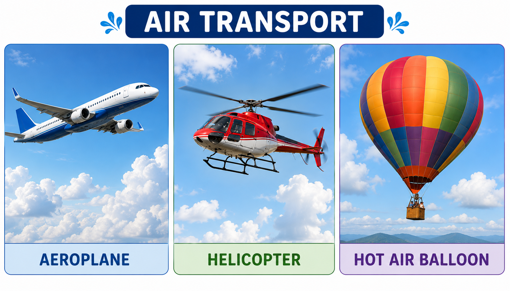 Air transport — aeroplane, helicopter, hot air balloon