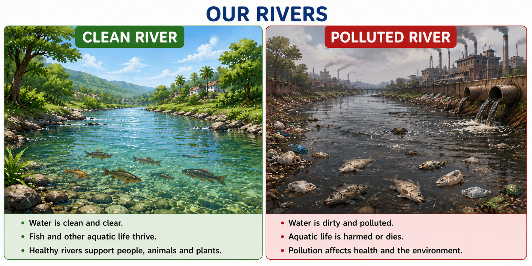 Clean river vs polluted river comparison