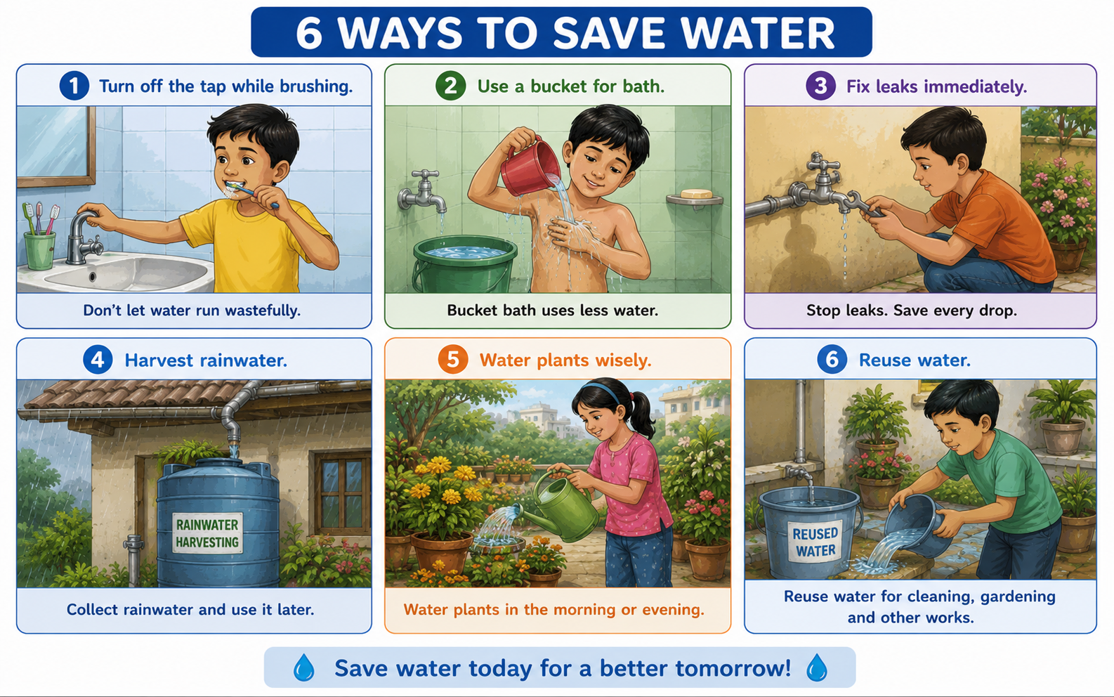 Six ways to save water — turn off tap, bucket bath, fix leaks, rainwater harvesting