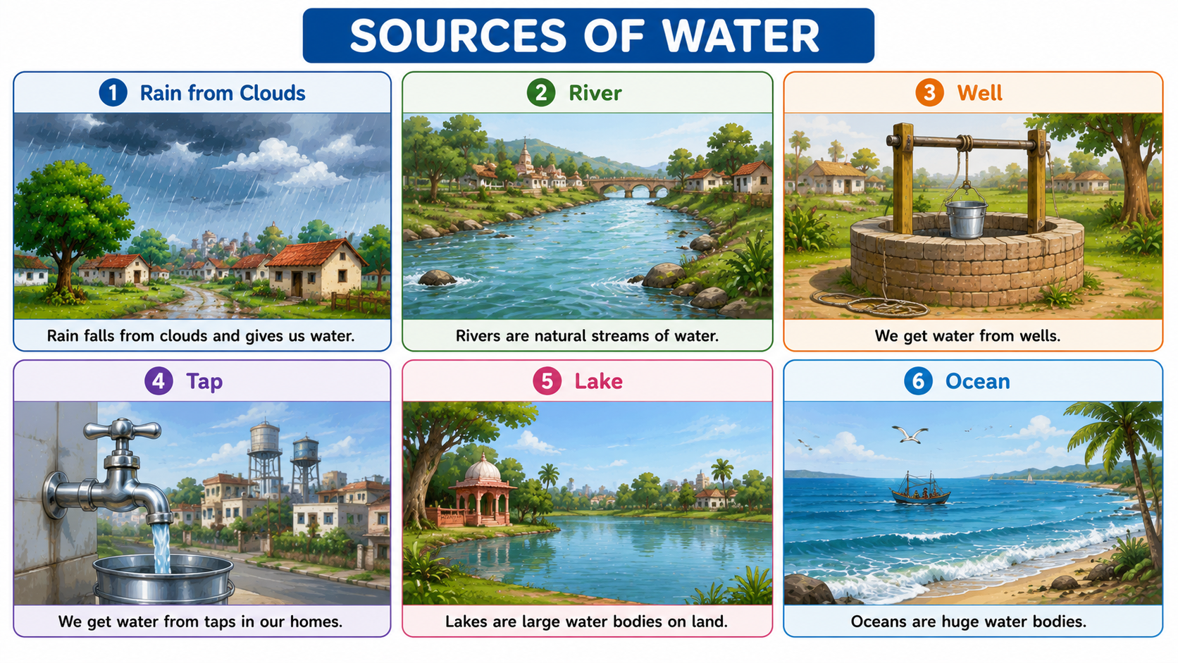 Six sources of water — rain, river, well, tap, lake, ocean