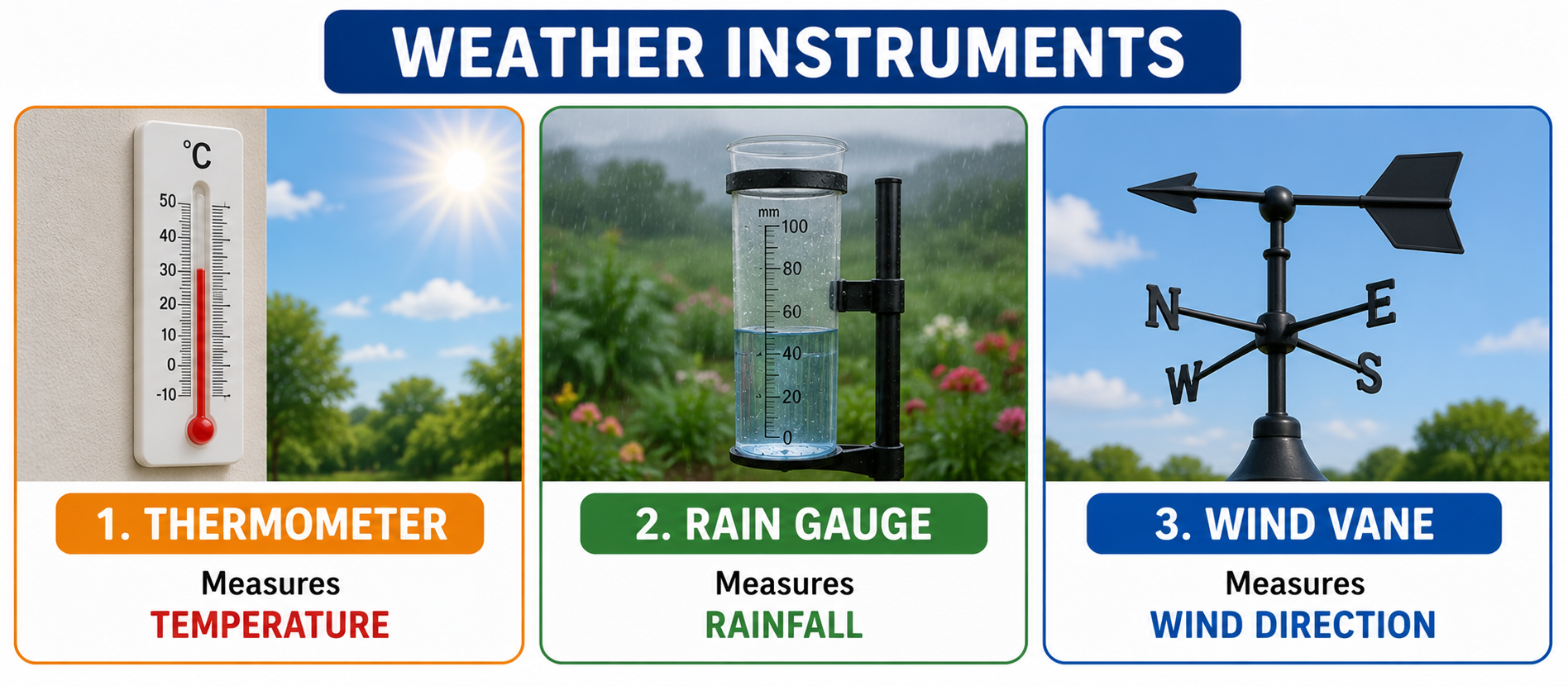 Weather instruments — thermometer, rain gauge, wind vane