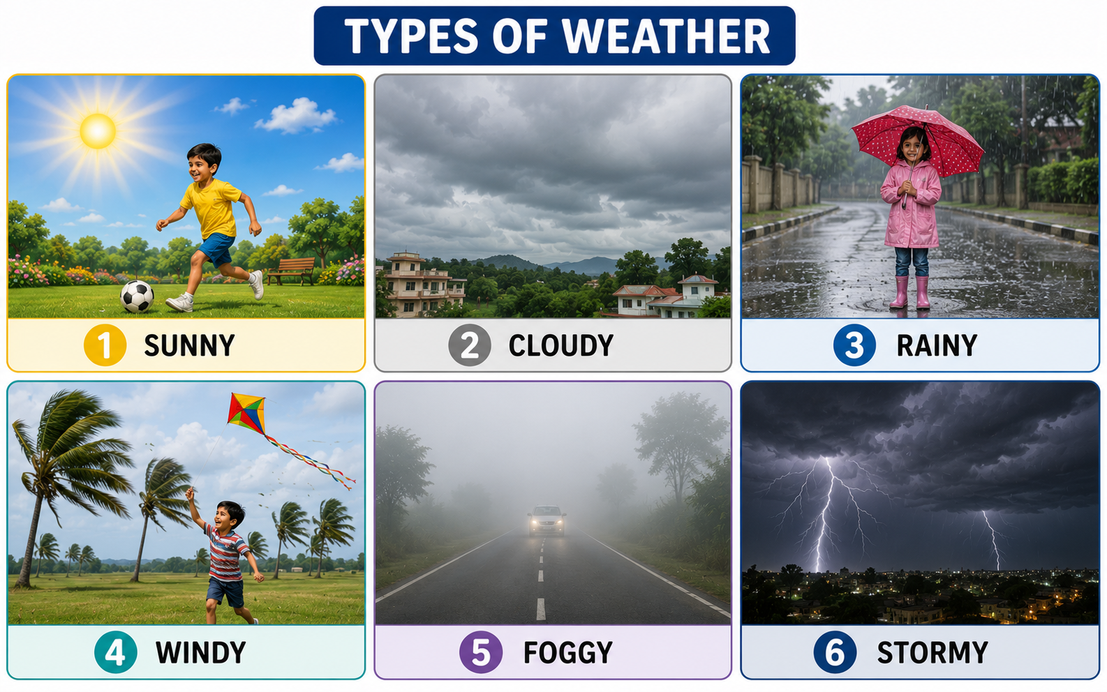 Six types of weather — sunny, cloudy, rainy, windy, foggy, stormy