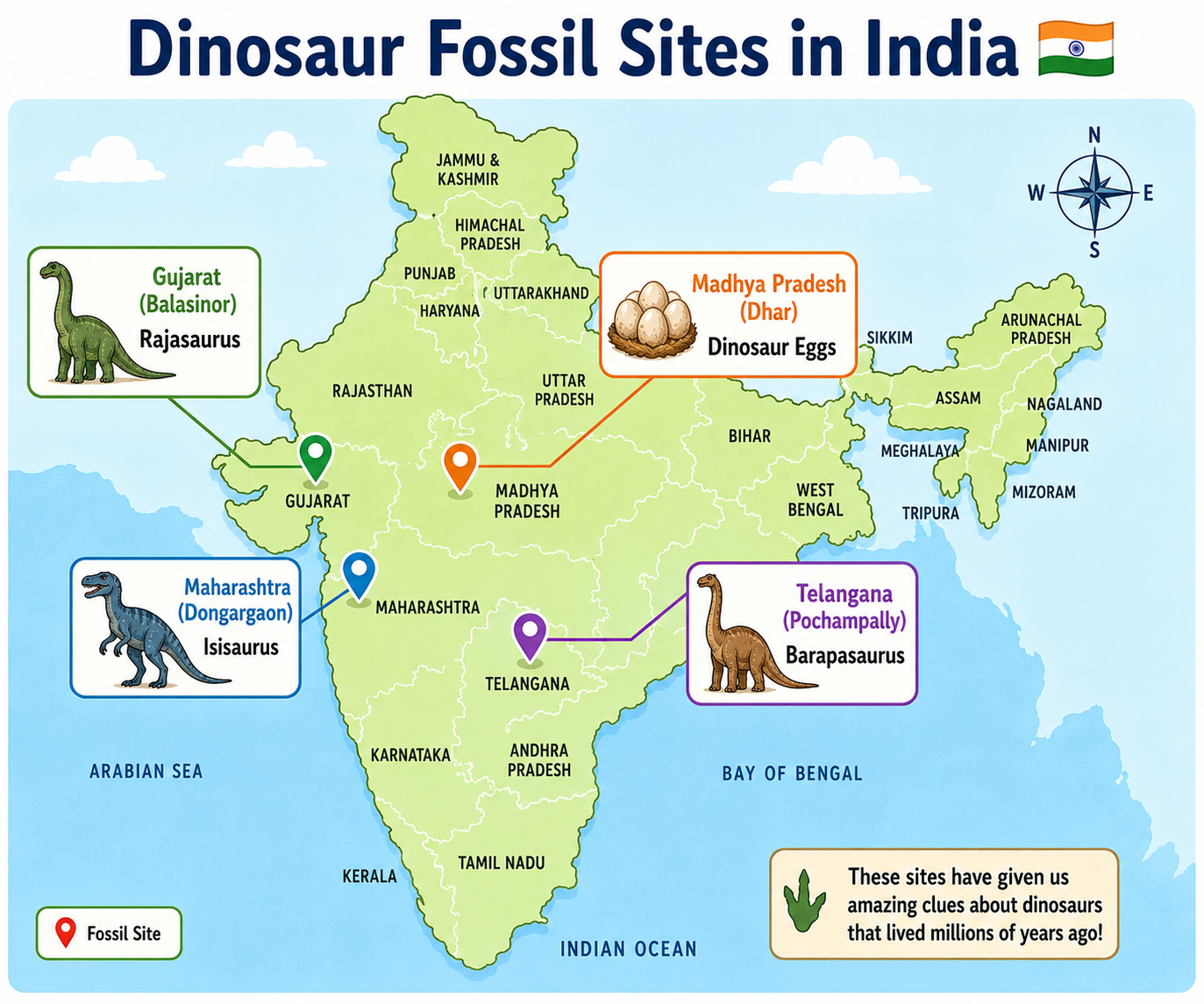 Map of India showing dinosaur fossil sites: Gujarat, Maharashtra, Telangana, Madhya Pradesh