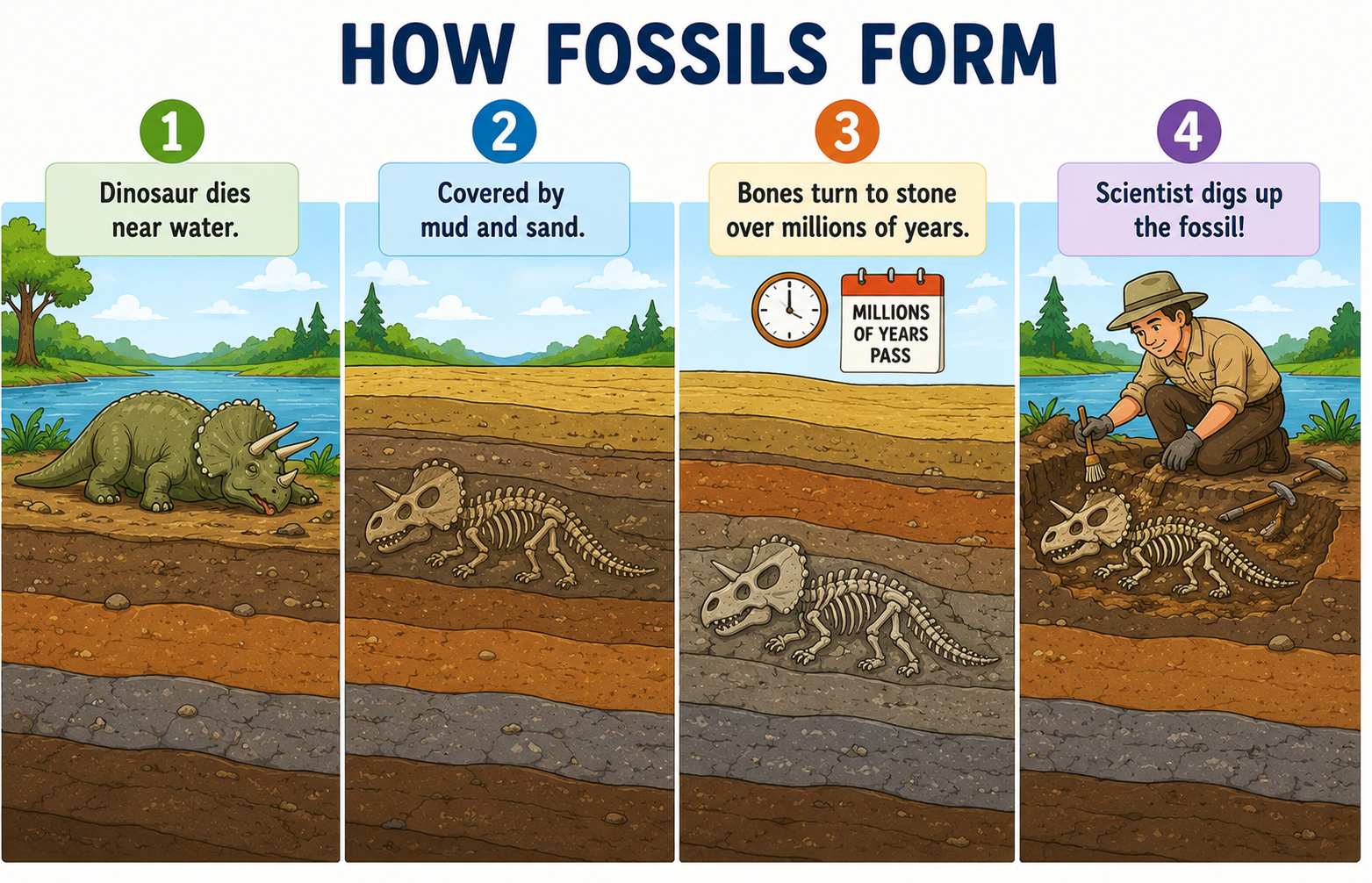 4-step diagram showing how fossils form: death, burial, mineralisation, discovery