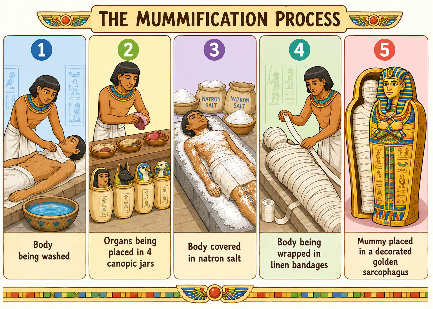 Steps of mummification: washing, canopic jars, natron salt, wrapping in linen, sarcophagus