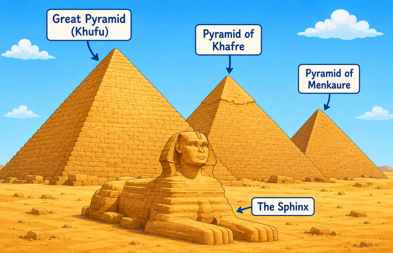 The three Pyramids of Giza with the Great Sphinx in front, labelled