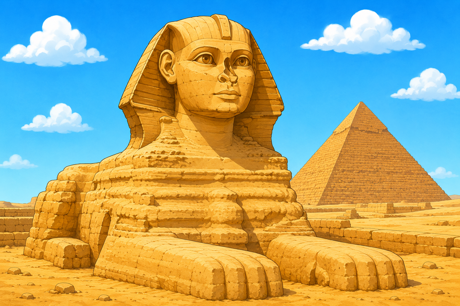 The Great Sphinx with lion body and human head, pyramid in background