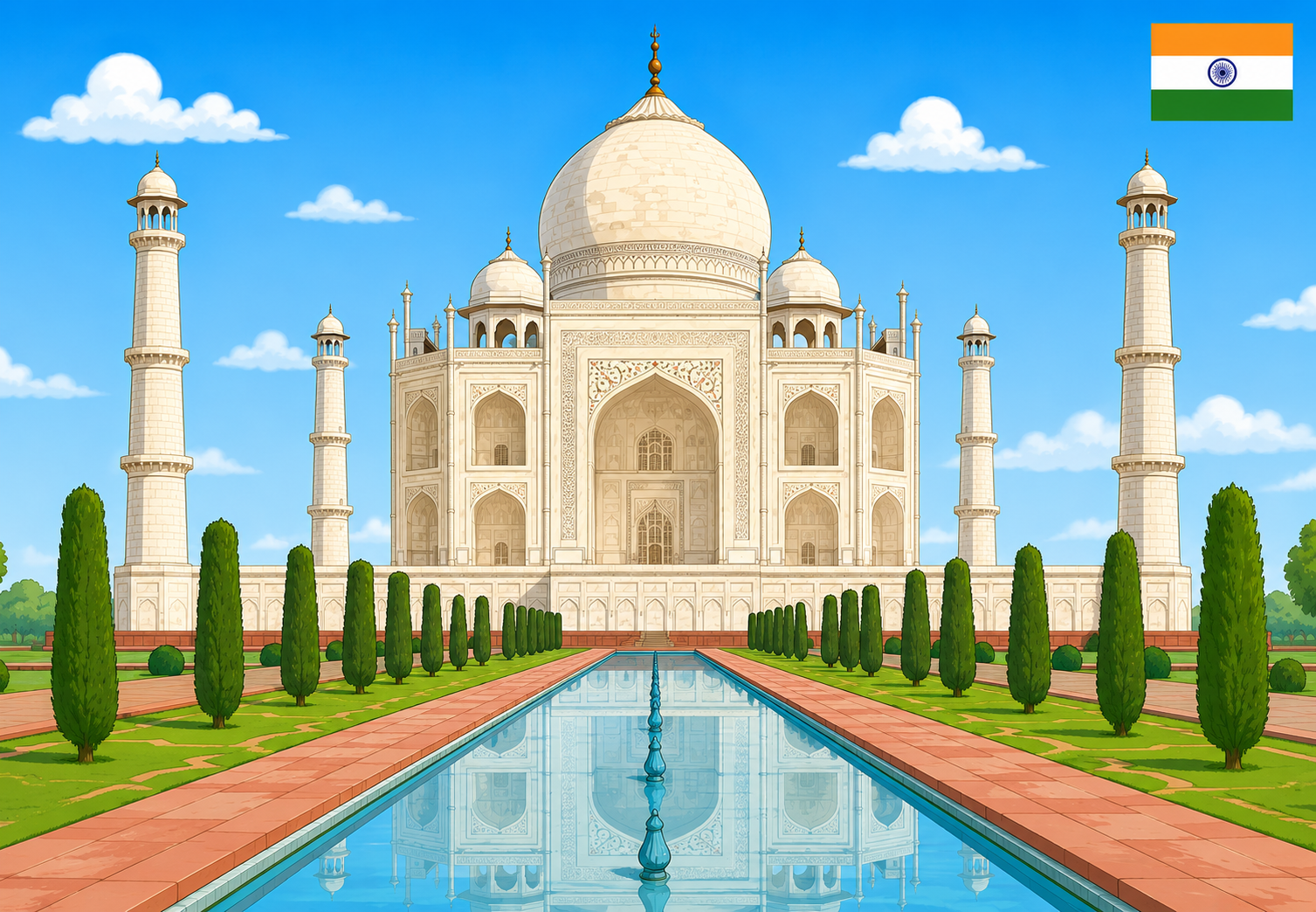 Taj Mahal — white marble dome, reflecting pool, four minarets, blue sky