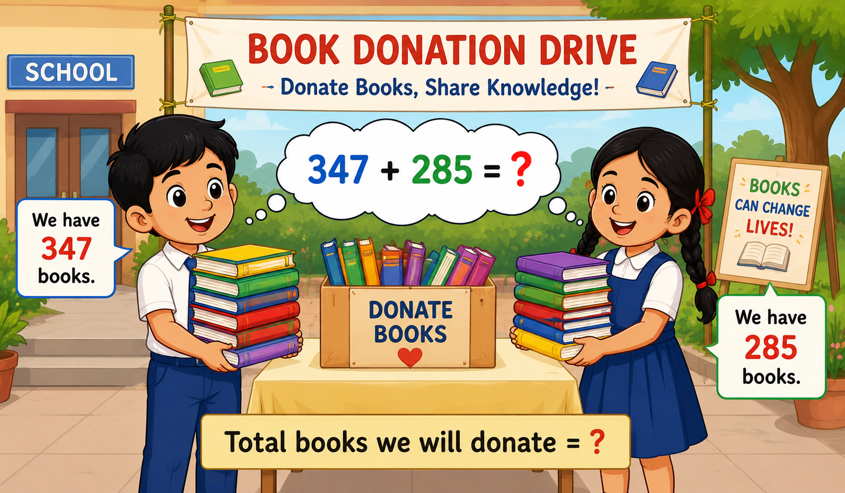 Children at a book donation drive — word problem illustration