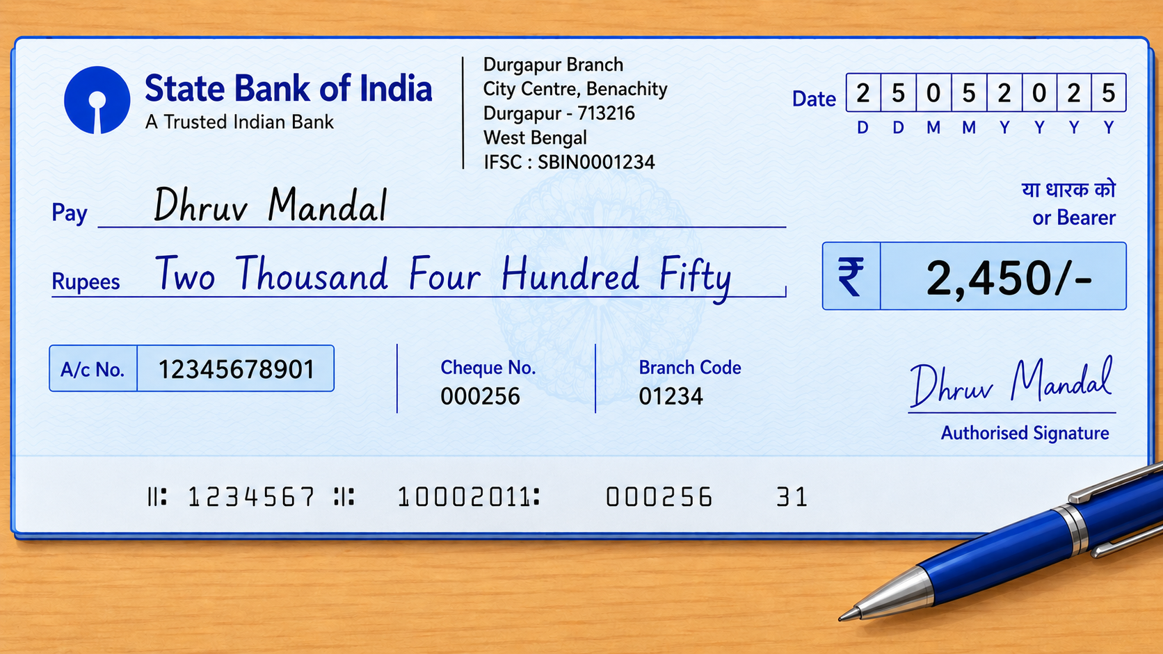 Indian bank cheque with amount ₹2,450 written in words