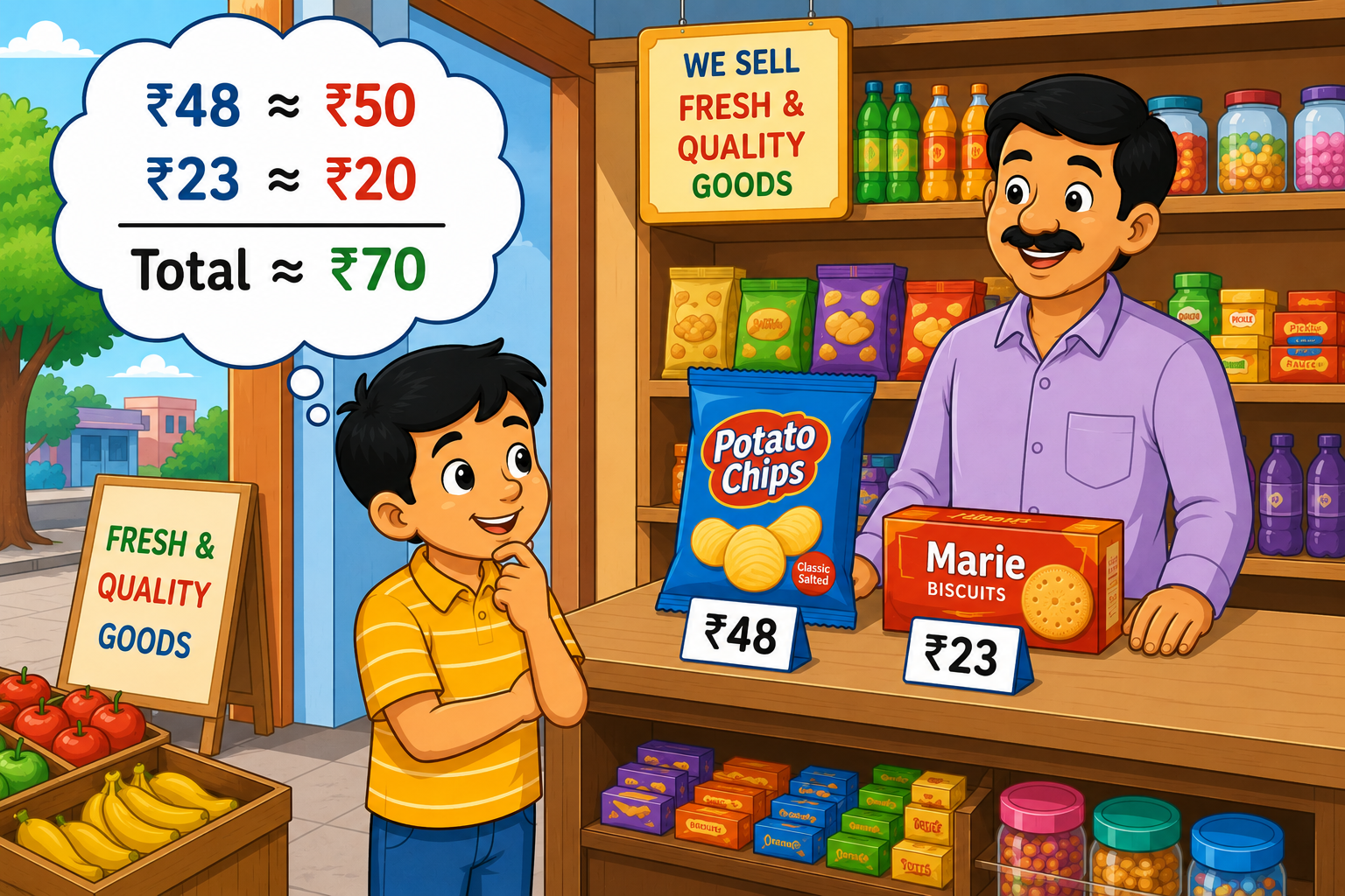 Child at a shop estimating total cost using rounding