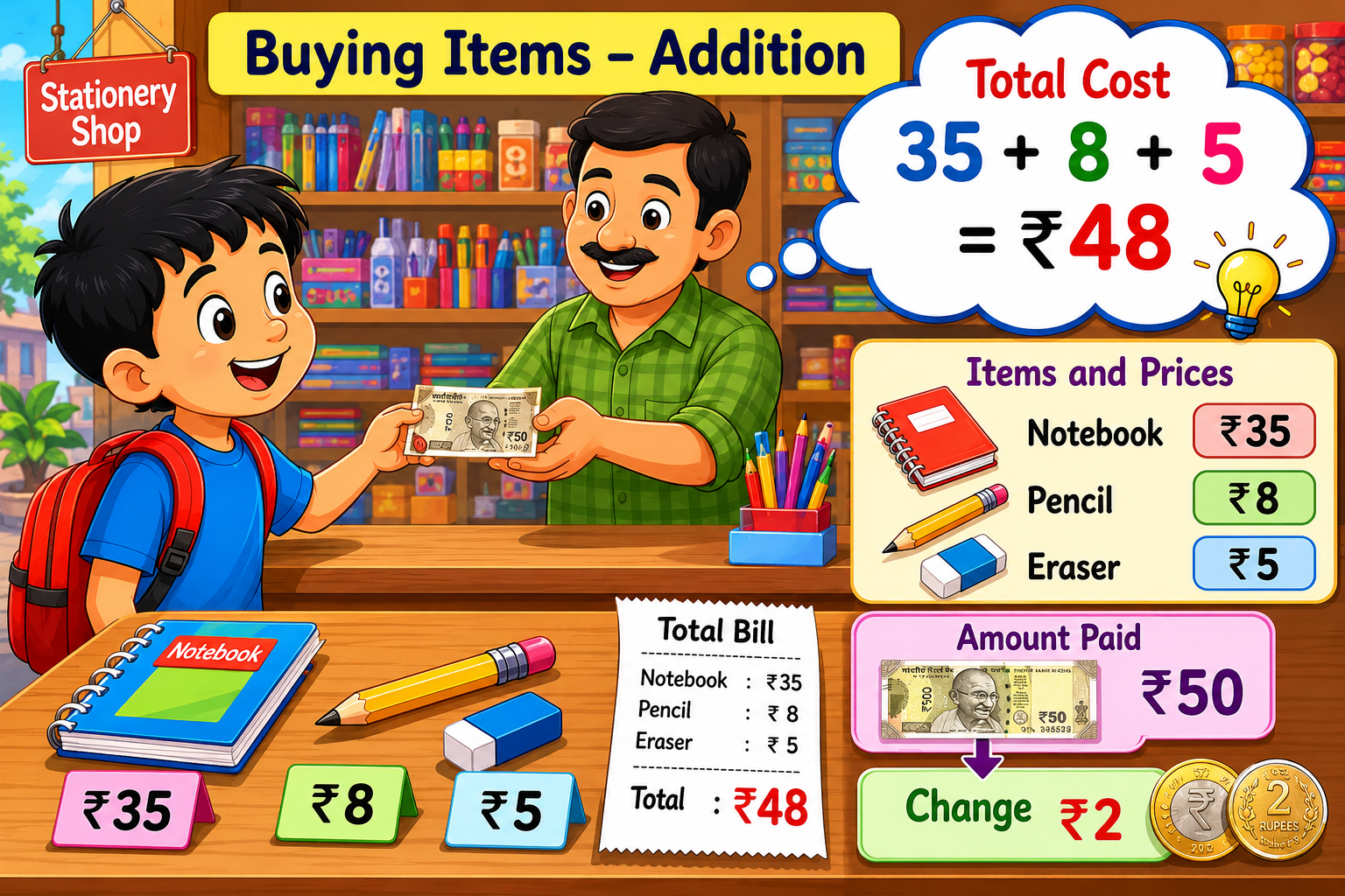 Child at an Indian shop calculating costs and change