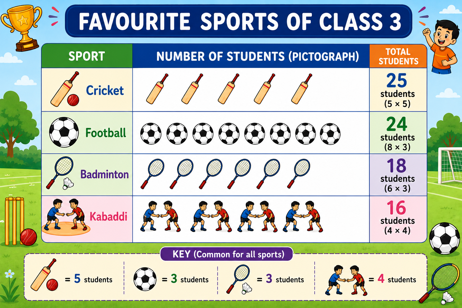 Pictograph showing favourite sports — cricket, football, badminton and kabaddi