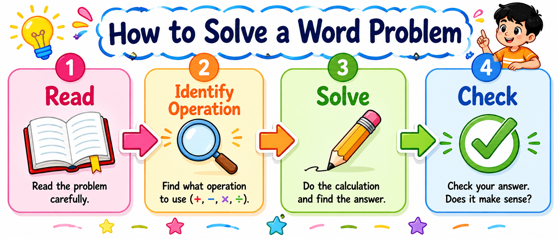 Flowchart showing how to solve a word problem — Read, Identify, Solve, Check